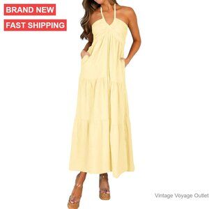Halter Tiered Maxi Dress with Pockets, Casual Vacation Wear